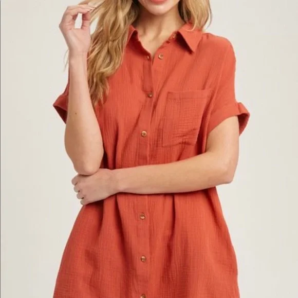 NWT Woman Owned Designer BluIvy Button Up Shirt Dress with Pocket, Terracotta - Picture 3 of 4
